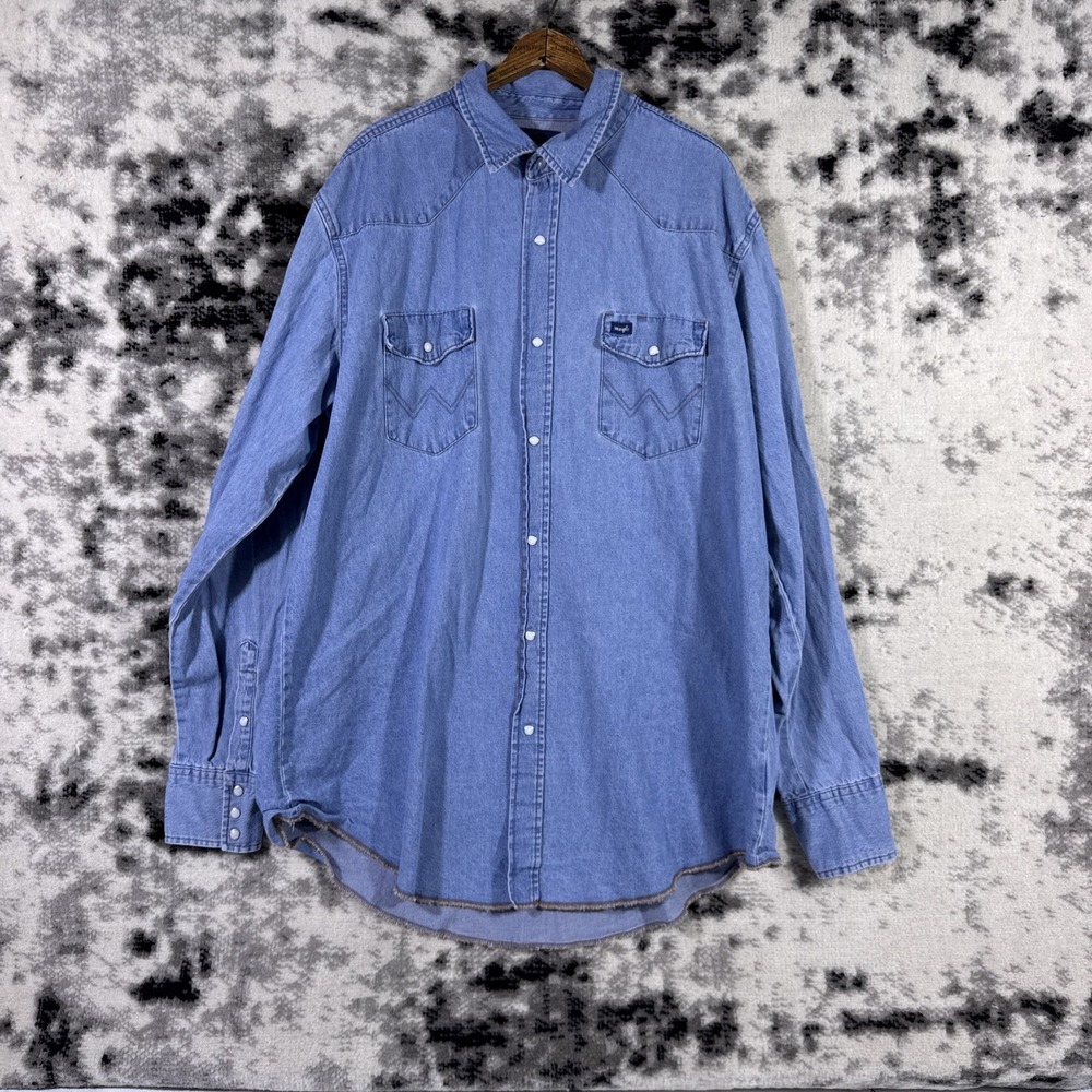Wrangler Pearl Snap Shirt Mens Size 2XT Denim Cowboy Western "W" Pocket Rodeo